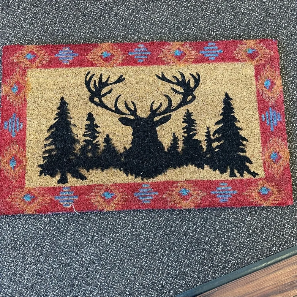 Rustic Deer Silhouette Doormat - Red and Tan